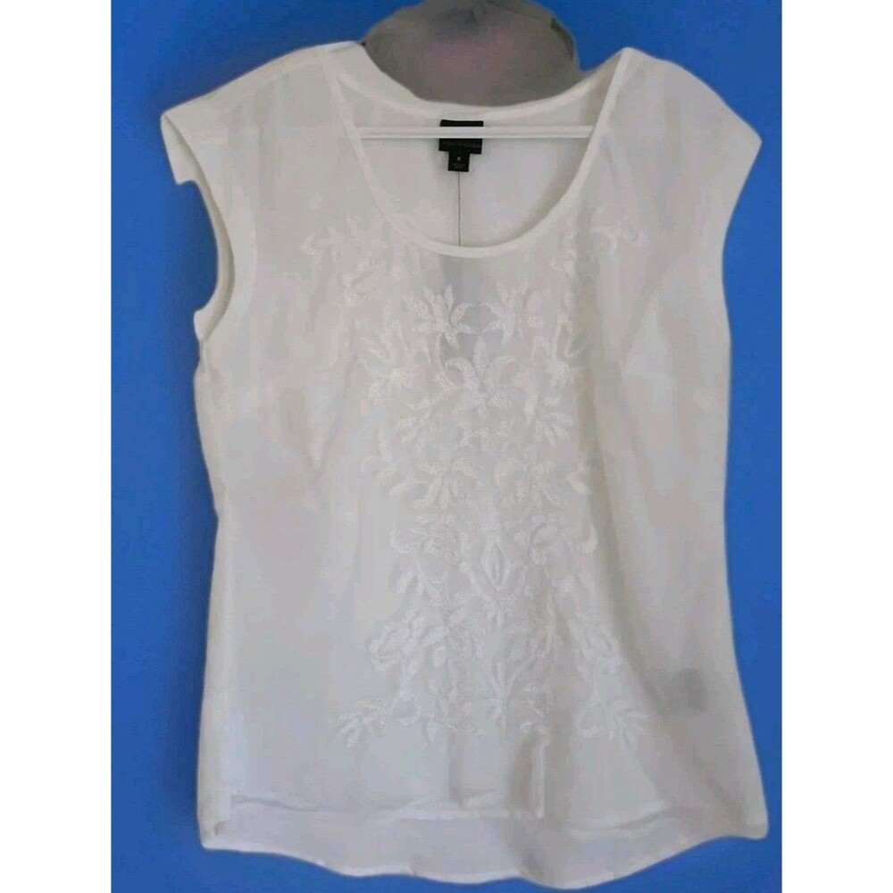 WORTHINGTON WHITE LACE SHEER OVERLAY ON WHITE SLEEVELESS BLOUSE FLORAL WOMENS SM